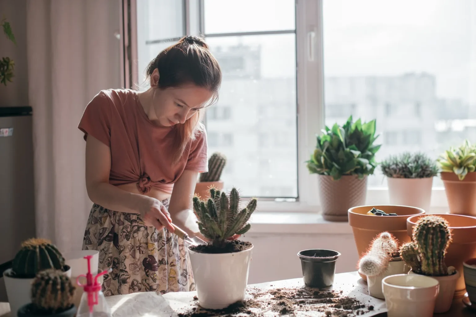 Une femme sereine rempote une plante. Elle se trouve dans un endroit lumineux, proche d'une grande fenêtre. D'autres plantes se trouvent autour d'elle.